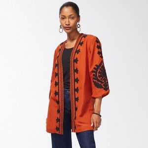 Chicos Appliqué Rust Orange & Black Lined Jacket Linen Blend Gorgeous XL Sz. 16